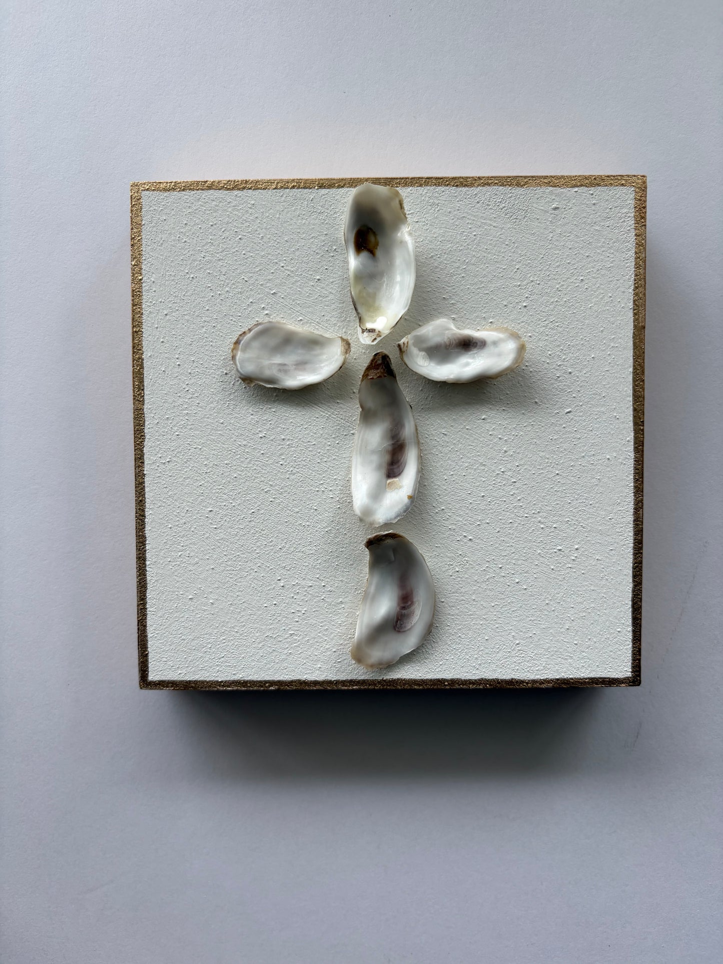 Handcrafted Oyster Shell Cross on 5x5 Wood Block