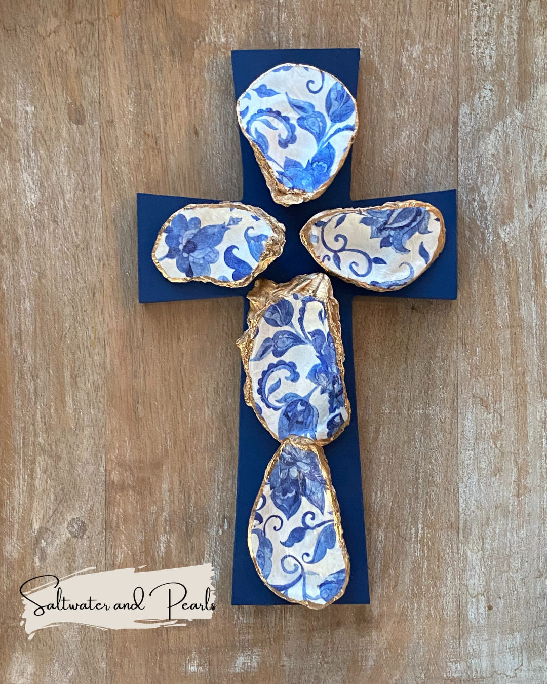 Oyster Shell Cross: Blue Floral