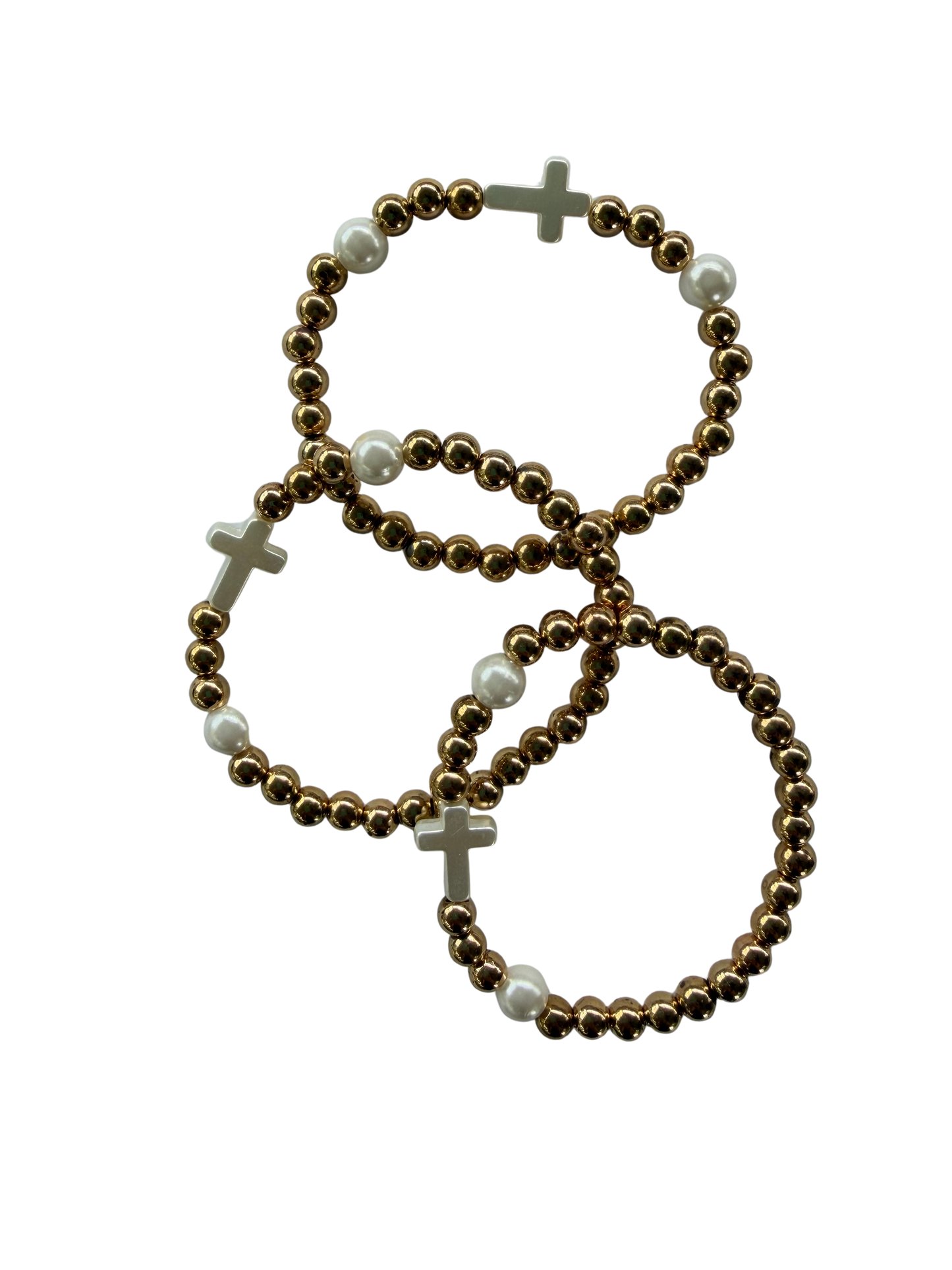 Pearl Cross with Gold Beads Stacking Bracelet