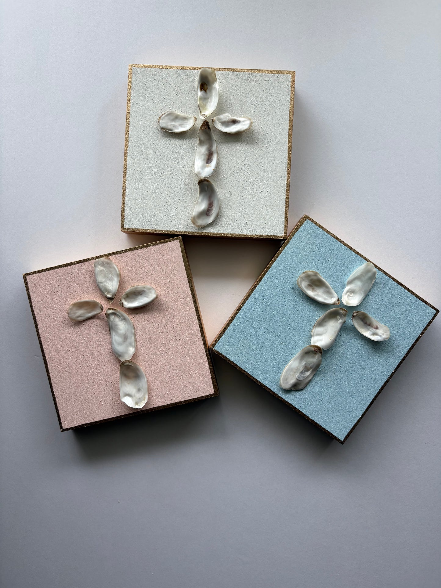 Handcrafted Oyster Shell Cross on 5x5 Wood Block