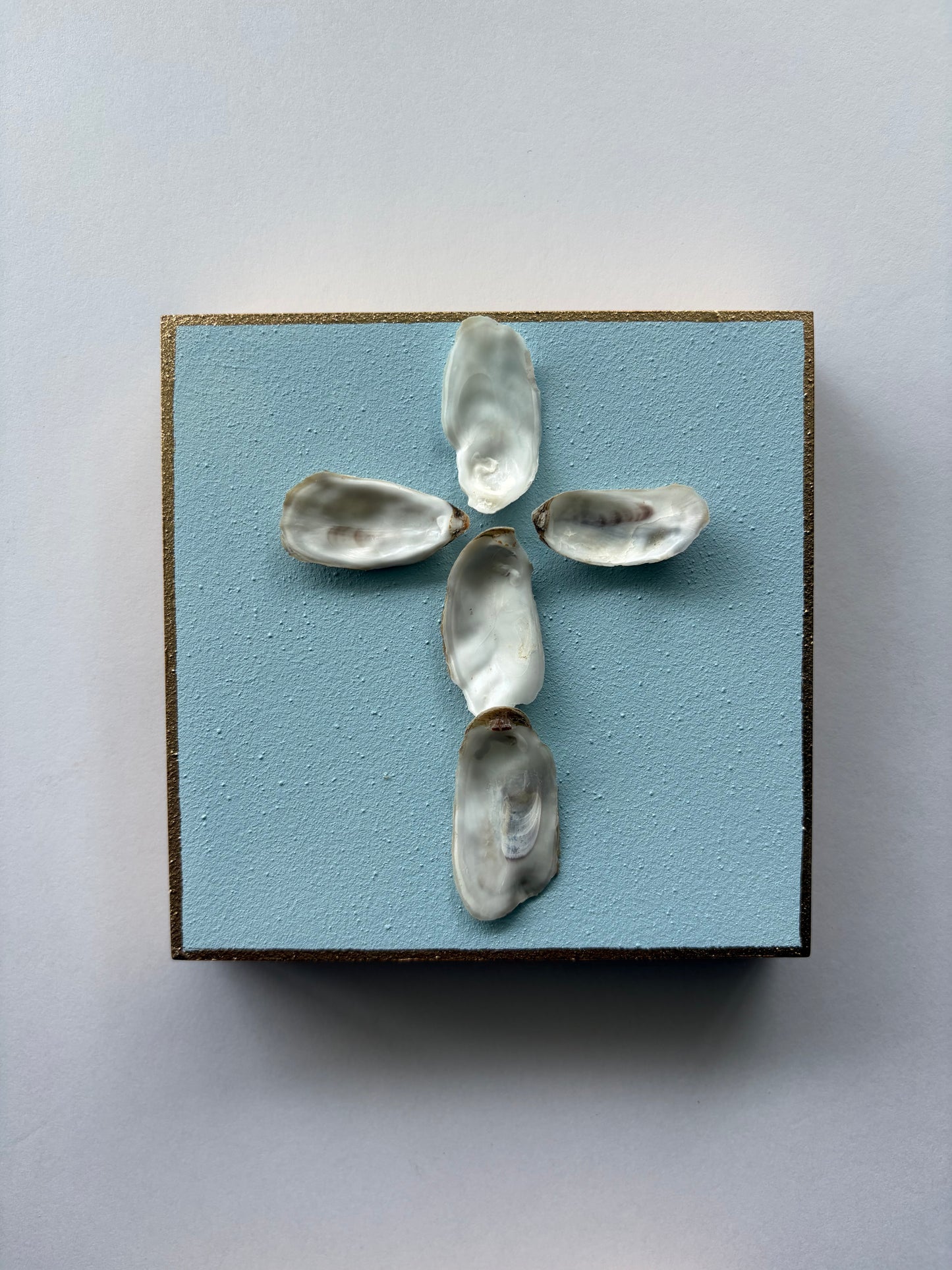 Handcrafted Oyster Shell Cross on 5x5 Wood Block