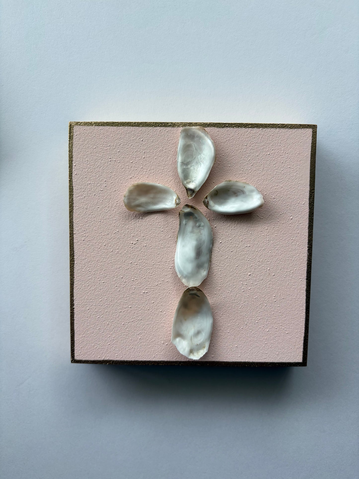 Handcrafted Oyster Shell Cross on 5x5 Wood Block