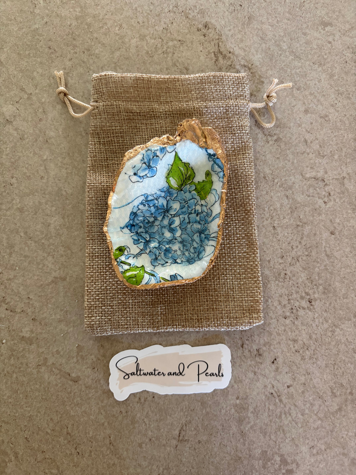 Blue Hydrangea Oyster Shell Ring Dish | Southern Coastal Gift