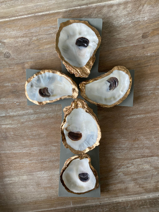 Oyster Shell Cross: Gold Leaf Coastal Wall Art