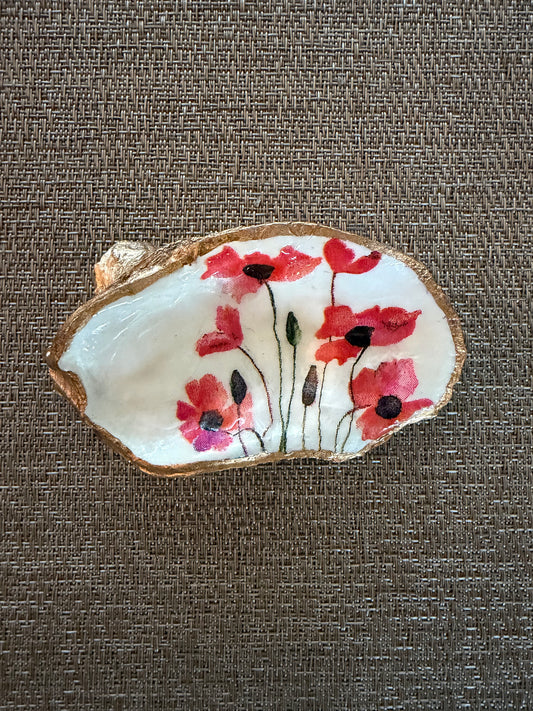 oyster shell ring/trinket dish with image of poppies