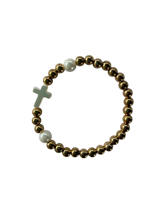 Pearl Cross with Gold Beads Stacking Bracelet