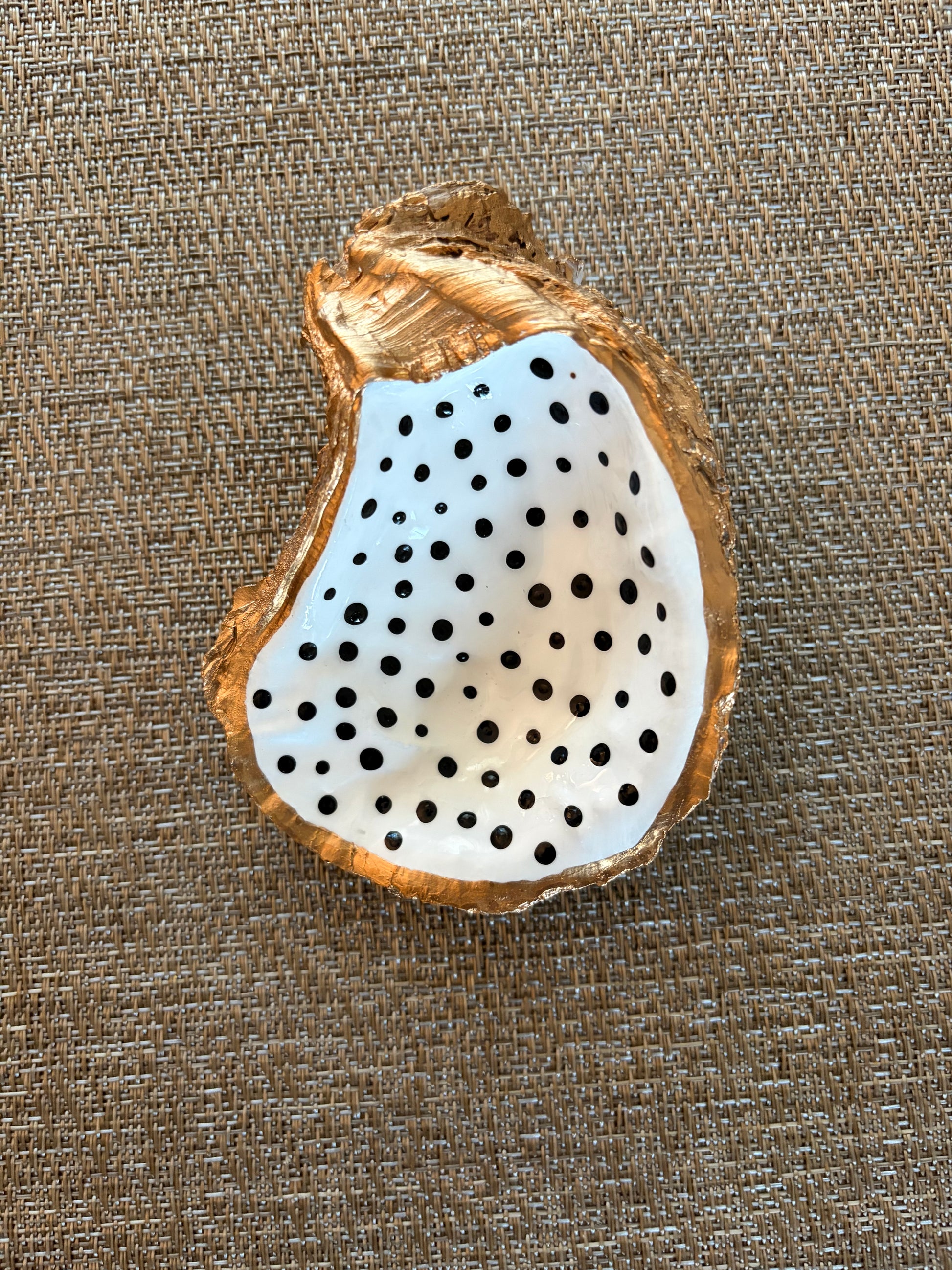 oyster shell ring/trinket dish hand painted white with black polka dots
