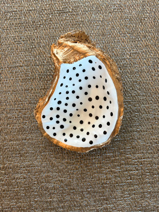 oyster shell ring/trinket dish hand painted white with black polka dots