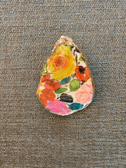 oyster shell ring/trinket dish with bright floral design